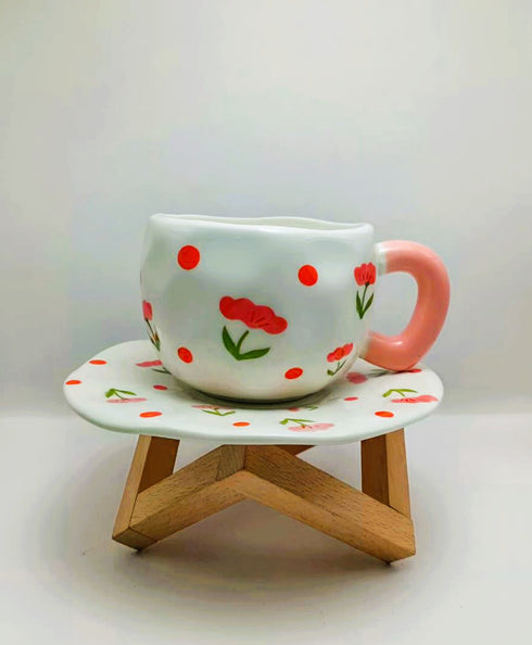 Artisan Flower Mug with Saucer | Unique Ceramic Tea Set