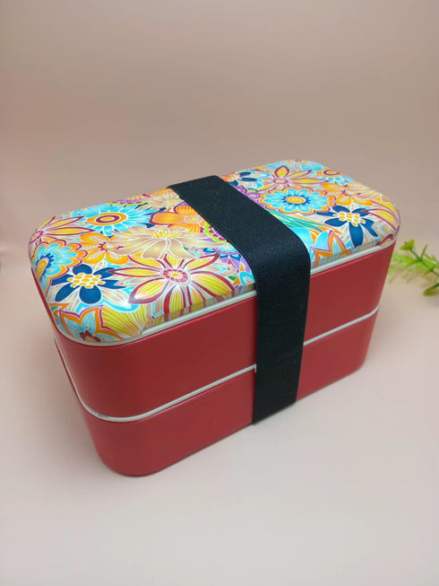 Japanese Bento Box – 2-Tier Stackable Lunch Box with Adjustable Divider, Elastic Strap & Airtight Floral Lid | Leakproof, Microwave Safe Eco-Friendly Food Container (1200ml)