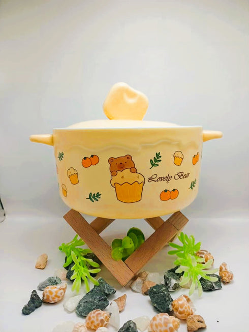 Bear Cheese Ceramic Ramen Bowl with Lid - 1000ml Porcelain Soup & Noodle Bowl with Handles