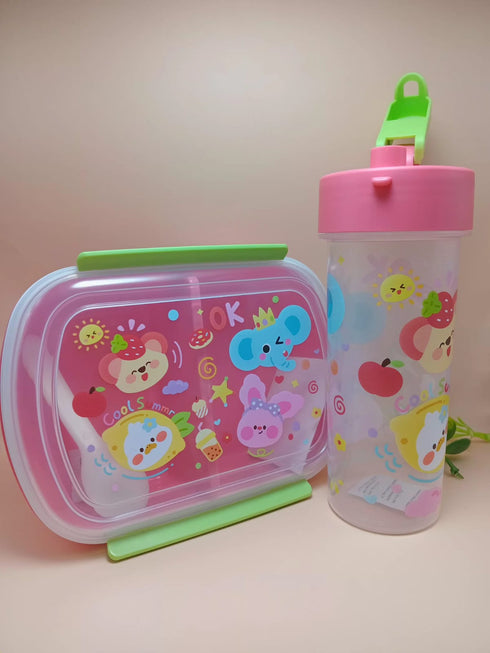 Cute Cartoon Bento Lunch Box with Matching Water Bottle Set | Leak-Proof Kids School Tiffin Box with Spoon