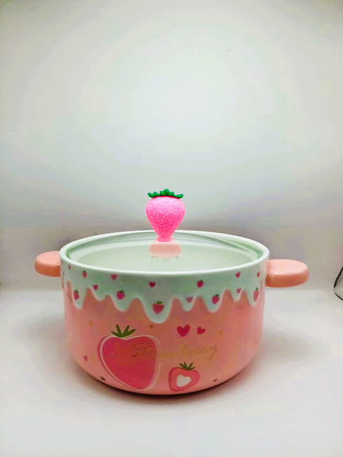 Kawaii Fruit Ceramic Ramen Bowl with Lid & Handles| 1000ml Soup & Noodle Pot