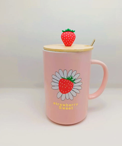Sweet Strawberry Pink Ceramic Mug – Complete Set with Lid & Spoon