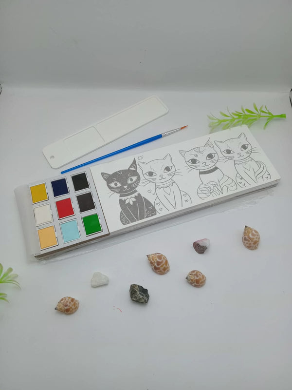 Portable Pocket Watercolor Painting Book for Kids & Beginners - 12 Sheets of Mess-Free DIY Painting Cards with Built-in Color Palette & Brush