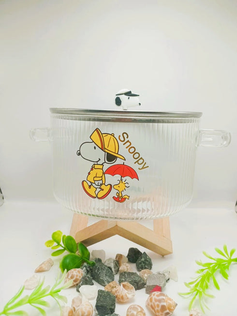 Borosilicate Glass Ramen Bowl with Lid | Snoopy Character Glass Serving Dish for Salads & Fruit | Fluted Glass Tableware