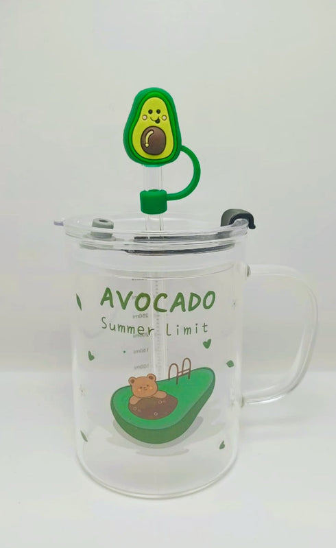 Cute Avocado Glass Mug with Lid and Straw