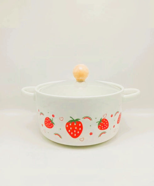 π Kawaii Strawberry Ceramic Soup & Noodle Bowl with Glass Lid