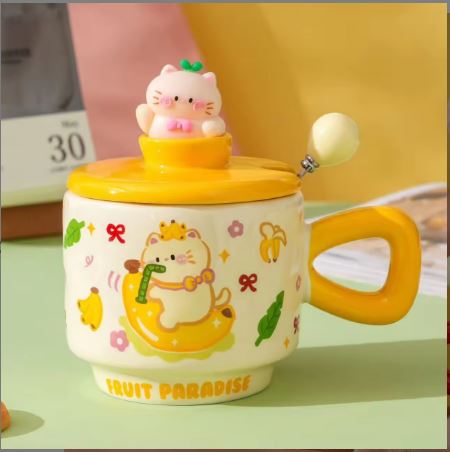 Fruit Paradise Kawaii Cat Ceramic Mug with Lid & Spoon