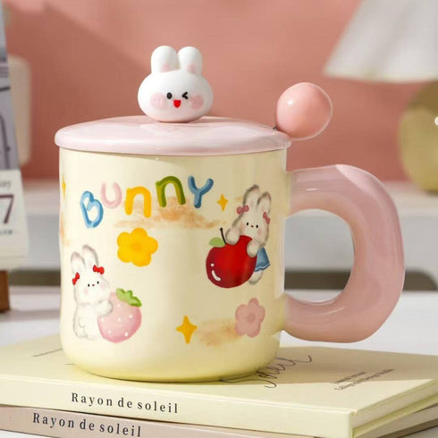 Kawaii 3D Bunny Ceramic Mug with Lid and Spoon