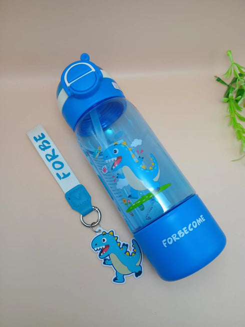 600ml Cute Cartoon Kids Water Bottle with Straw, Strap & Keychain – Leakproof Toddler School Sippy Cup