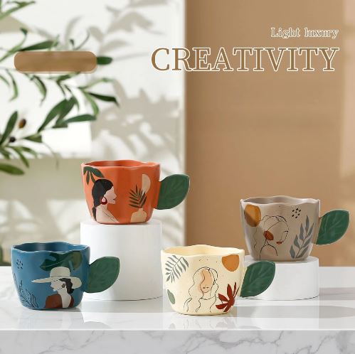 Artistic Ceramic "Lady Silhouette" Mug with Sculpted Leaf Handle