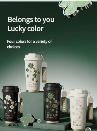 Four-Leaf Clover Insulated Coffee Tumbler – 500ml Stainless Steel Travel Mug with 2-Way Lid, Straw & Strap