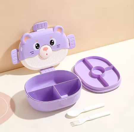Cute Cartoon Bear Kids Bento Lunch Box – 3-Compartment Leakproof Plastic Tiffin Box with Spoon & Fork Set, BPA-Free Microwavable Food Container for School & Picnic