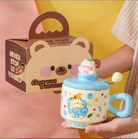Fruit Paradise Kawaii Cat Ceramic Mug with Lid & Spoon