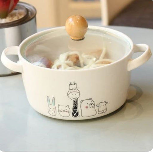 Cartoon Animal Ceramic Ramen Bowl with Glass Lid & Double Handles