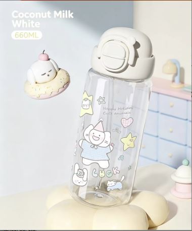 660mL Cute Kawaii Straw Water Bottle with Pop-Up Lid