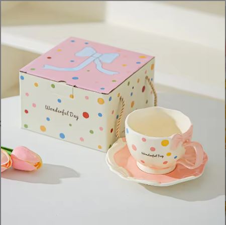 Luxury Pastel Polka Dot Tea Cup Set with Bow Handle – Ceramic Coffee Mug & Saucer Gift Box
