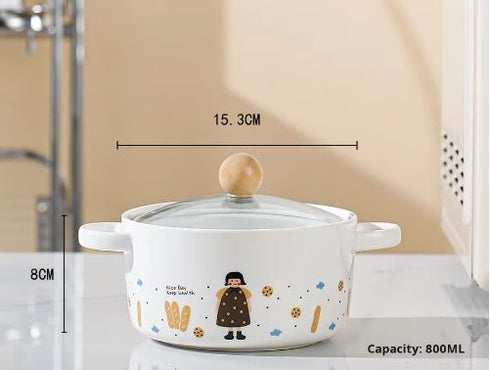 Kawaii Cartoon Ceramic Ramen Bowl with Glass Lid