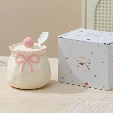 Ribbon Bow Ceramic Sugar Bowl with Spoon & Lid – Coquette Aesthetic Spice Jar