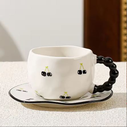 Cherry Spiral Handle Ceramic Mug and Saucer Set
