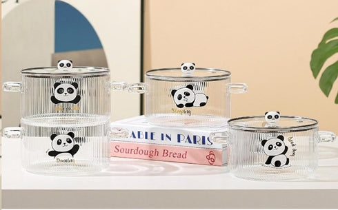 Cute Panda Ribbed Glass Serving Bowl with Lid
