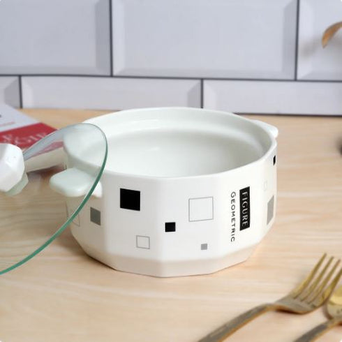 Nordic Geometric Ceramic Ramen & Serving Bowl with Glass Lid