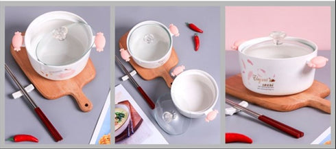 Elegant Ceramic Noodle Bowl with Glass Lid - 730ml Aesthetic Soup Pot with Heat-Resistant Handles