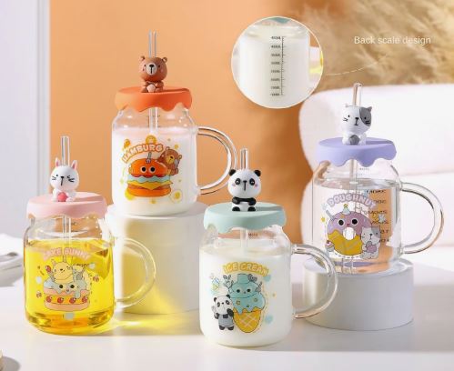 Cute Cartoon Animal Glass Mug with Silicone Lid & Straw | 600ml Borosilicate Glass Cup