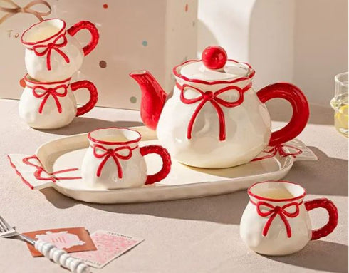Luxury Ribbon Ceramic Tea & Coffee Gift Set – 6-Piece Porcelain Set with 3D Bow Knots