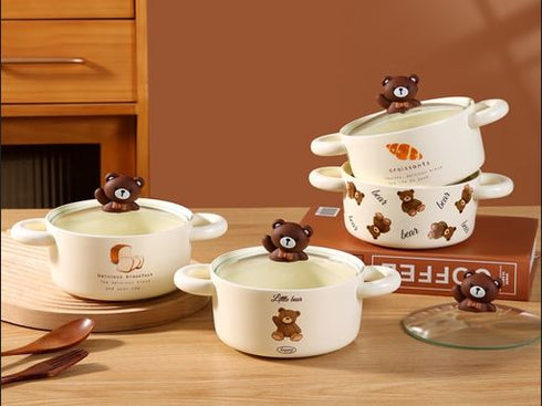 Kawaii "Little Bear" Ceramic Noodle Bowl with Glass Lid