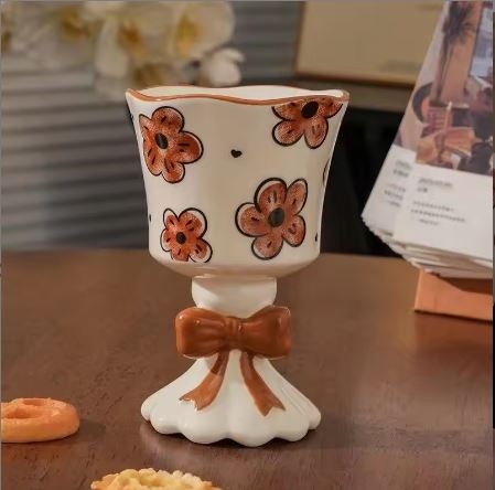 Vintage-Style Floral Ceramic Goblet Cup with 3D Bow Detail