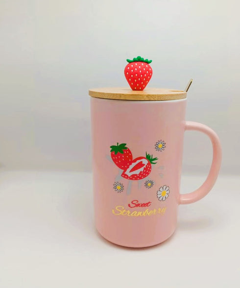 Sweet Strawberry Pink Ceramic Mug – Complete Set with Lid & Spoon