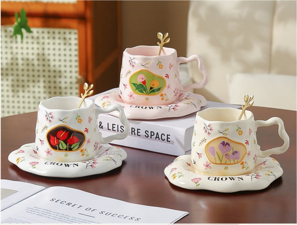 Aesthetic Floral Ceramic Mug & Saucer Set with Gold Spoon