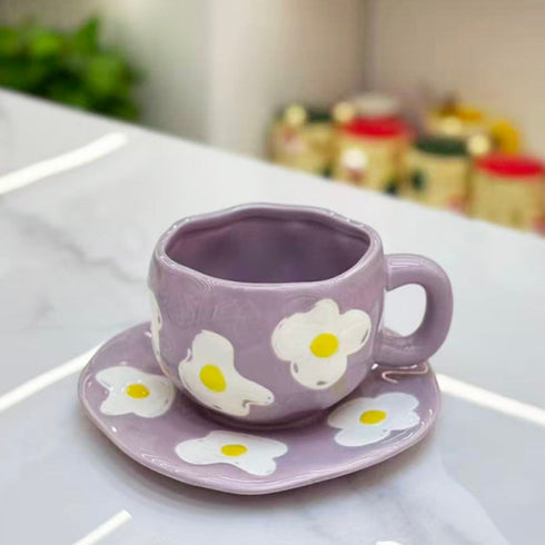 Flower Ceramic Mug with Matching Saucer – Purple Floral Tea Cup