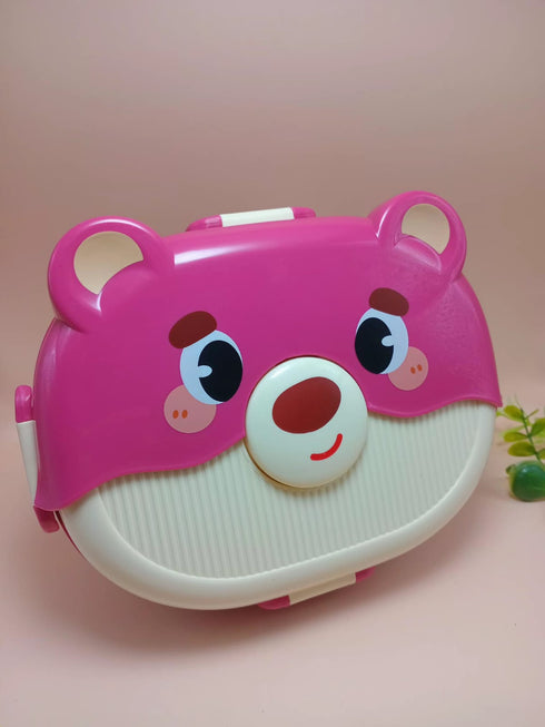 Cute Cartoon Bear Kids Bento Lunch Box – 3-Compartment Leakproof Plastic Tiffin Box with Spoon & Fork Set, BPA-Free Microwavable Food Container for School & Picnic