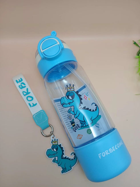 600ml Cute Cartoon Kids Water Bottle with Straw, Strap & Keychain – Leakproof Toddler School Sippy Cup