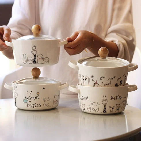 Cartoon Animal Ceramic Ramen Bowl with Glass Lid & Double Handles