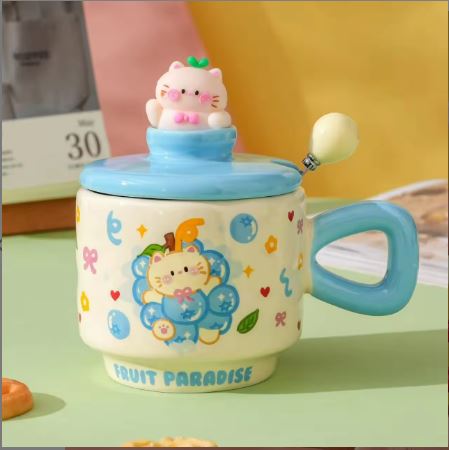 Fruit Paradise Kawaii Cat Ceramic Mug with Lid & Spoon
