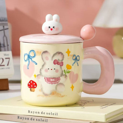 Kawaii 3D Bunny Ceramic Mug with Lid and Spoon