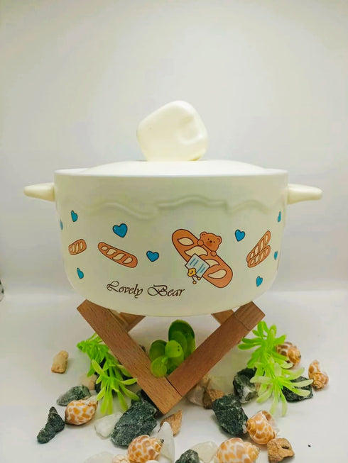 Bear Cheese Ceramic Ramen Bowl with Lid - 1000ml Porcelain Soup & Noodle Bowl with Handles