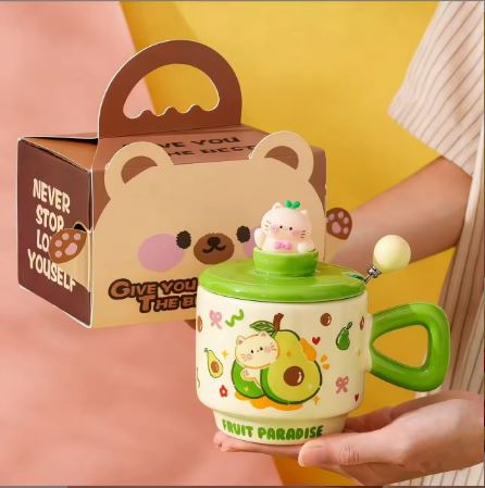 Fruit Paradise Kawaii Cat Ceramic Mug with Lid & Spoon