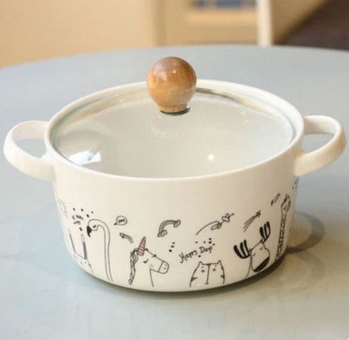 Cartoon Animal Ceramic Ramen Bowl with Glass Lid & Double Handles