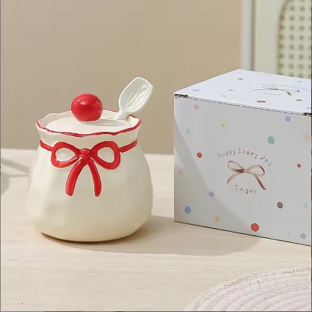 Ribbon Bow Ceramic Sugar Bowl with Spoon & Lid – Coquette Aesthetic Spice Jar