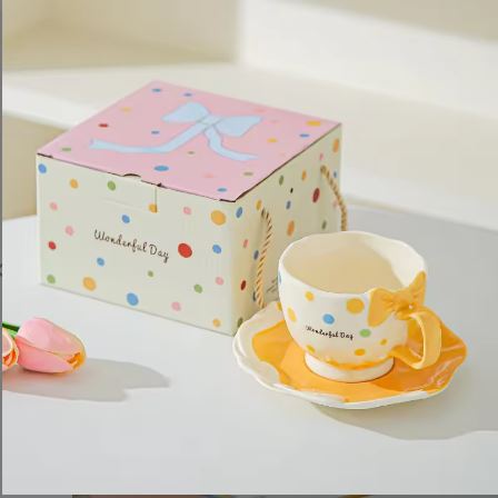 Luxury Pastel Polka Dot Tea Cup Set with Bow Handle – Ceramic Coffee Mug & Saucer Gift Box