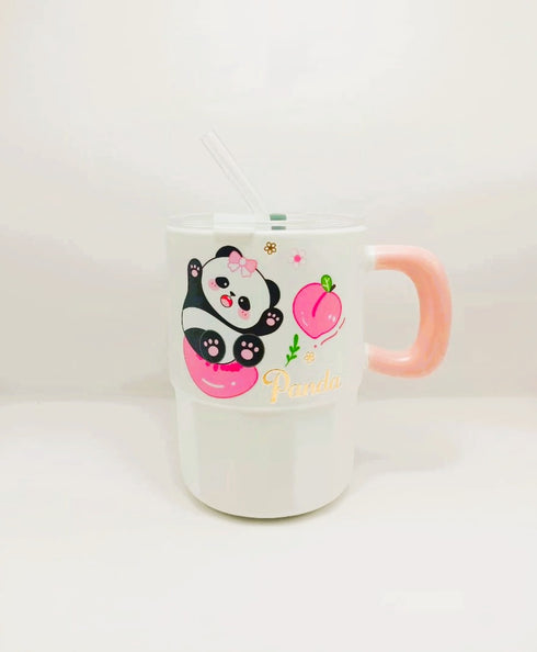 Kawaii Panda Tumbler – Ceramic Mug with Lid & Glass Straw