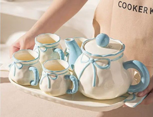 Luxury Ribbon Ceramic Tea & Coffee Gift Set – 6-Piece Porcelain Set with 3D Bow Knots
