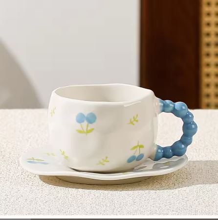 Cherry Spiral Handle Ceramic Mug and Saucer Set