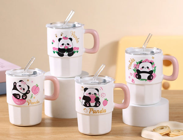 Kawaii Panda Tumbler – Ceramic Mug with Lid & Glass Straw