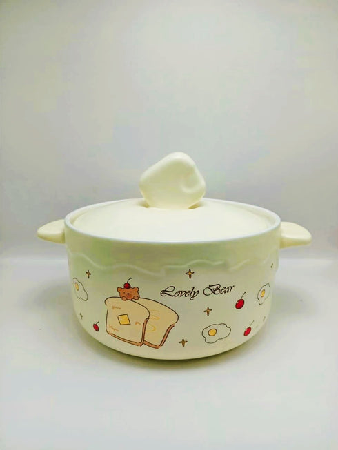 Bear Cheese Ceramic Ramen Bowl with Lid - 1000ml Porcelain Soup & Noodle Bowl with Handles