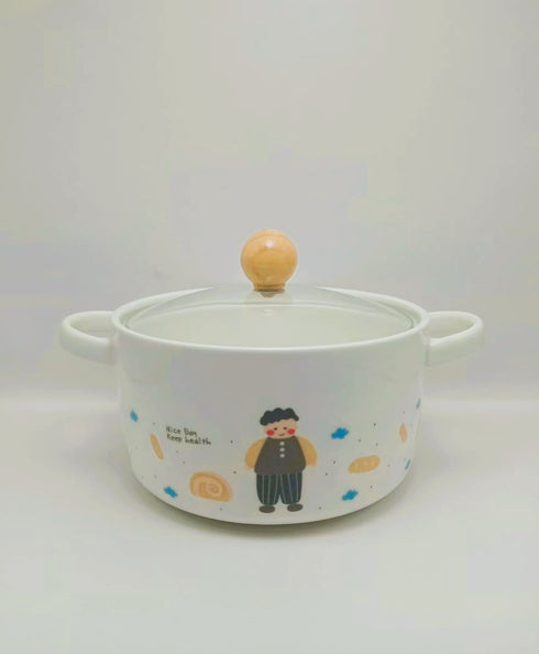 Kawaii Cartoon Ceramic Ramen Bowl with Glass Lid
