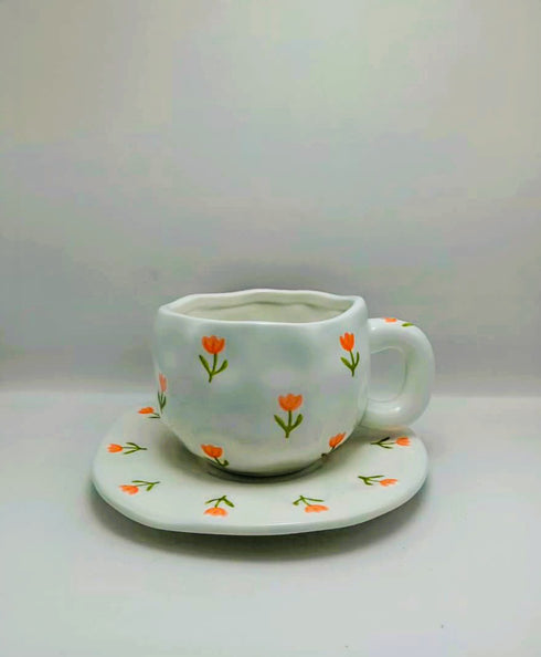 Hand-Pinched Ceramic Tulip Coffee Cup & Saucer Set